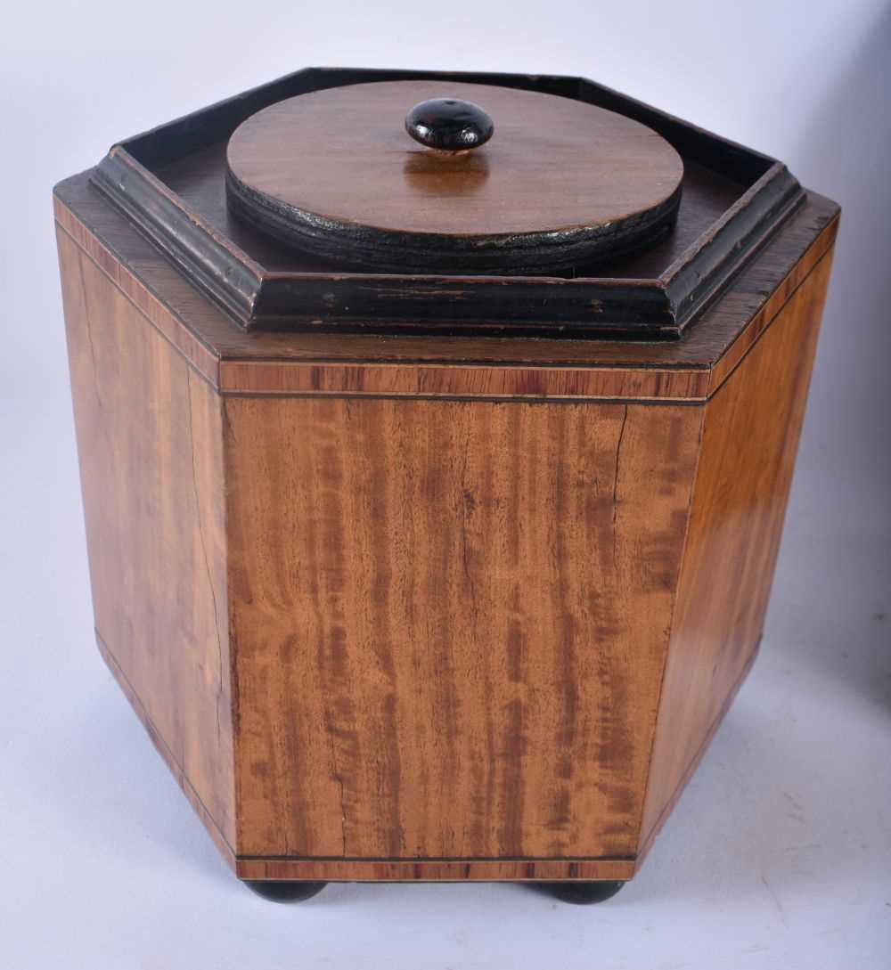 A GEORGE III MAHOGANY TEA CADDY together with a large satinwood biscuit barrel and cover. Largest 20 - Image 3 of 5