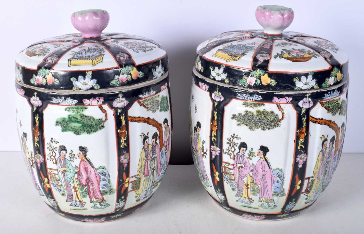 A pair of Chinese porcelain polychrome lidded jars decorated with figures in panels 28cm (2). - Image 3 of 10