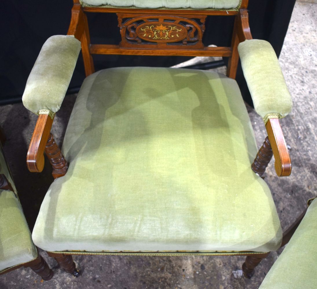 A collection of Edwardian wooden framed Upholstered armchairs with wood inlay to back (4). - Image 7 of 13