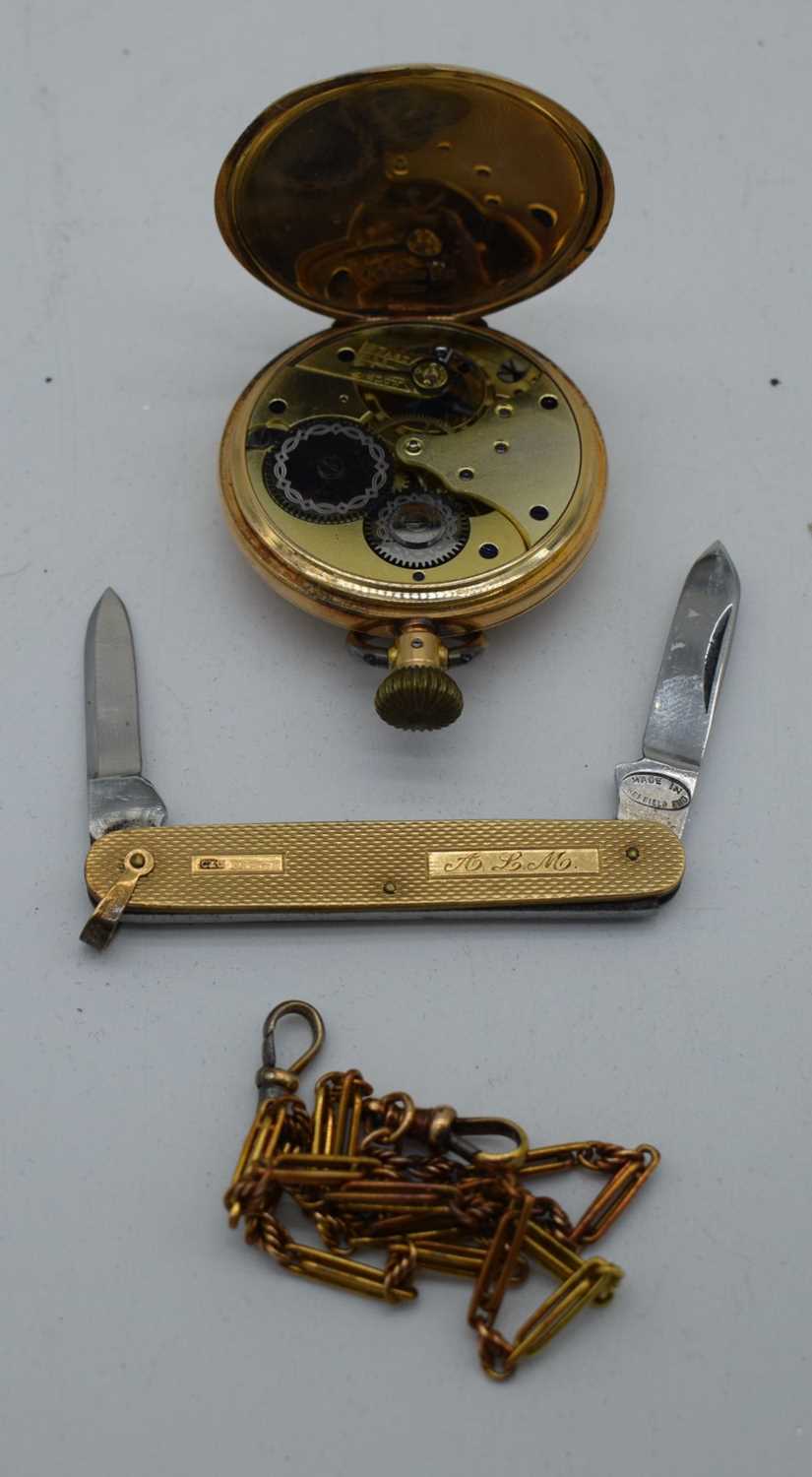 AN ANTIQUE 14CT GOLD HALF HUNTER ENAMELLED POCKET WATCH with 9ct gold cased pocket knife & a - Image 2 of 5