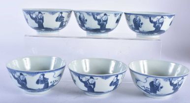 A SET OF SIX 19TH CENTURY CHINESE BLUE AND WHITE PORCELAIN BOWLS Kangxi style. 11.5 cm diameter. (
