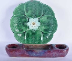 A LARGE ANTIQUE MAJOLICA PEDESTAL DISH together with a Chinese style flambe studio pottery desk