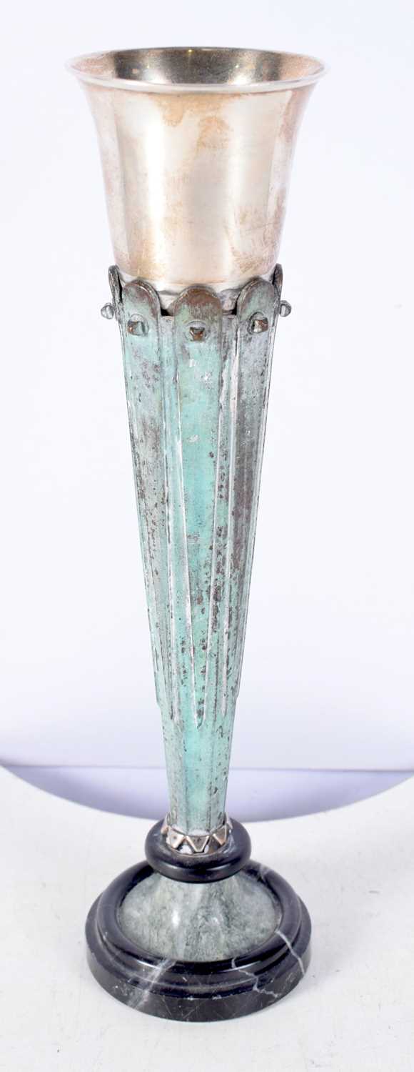 An Art Deco Mixed Metal Vase on a Marble Base. 26.5 cm x 6.5 cm, weight 677g