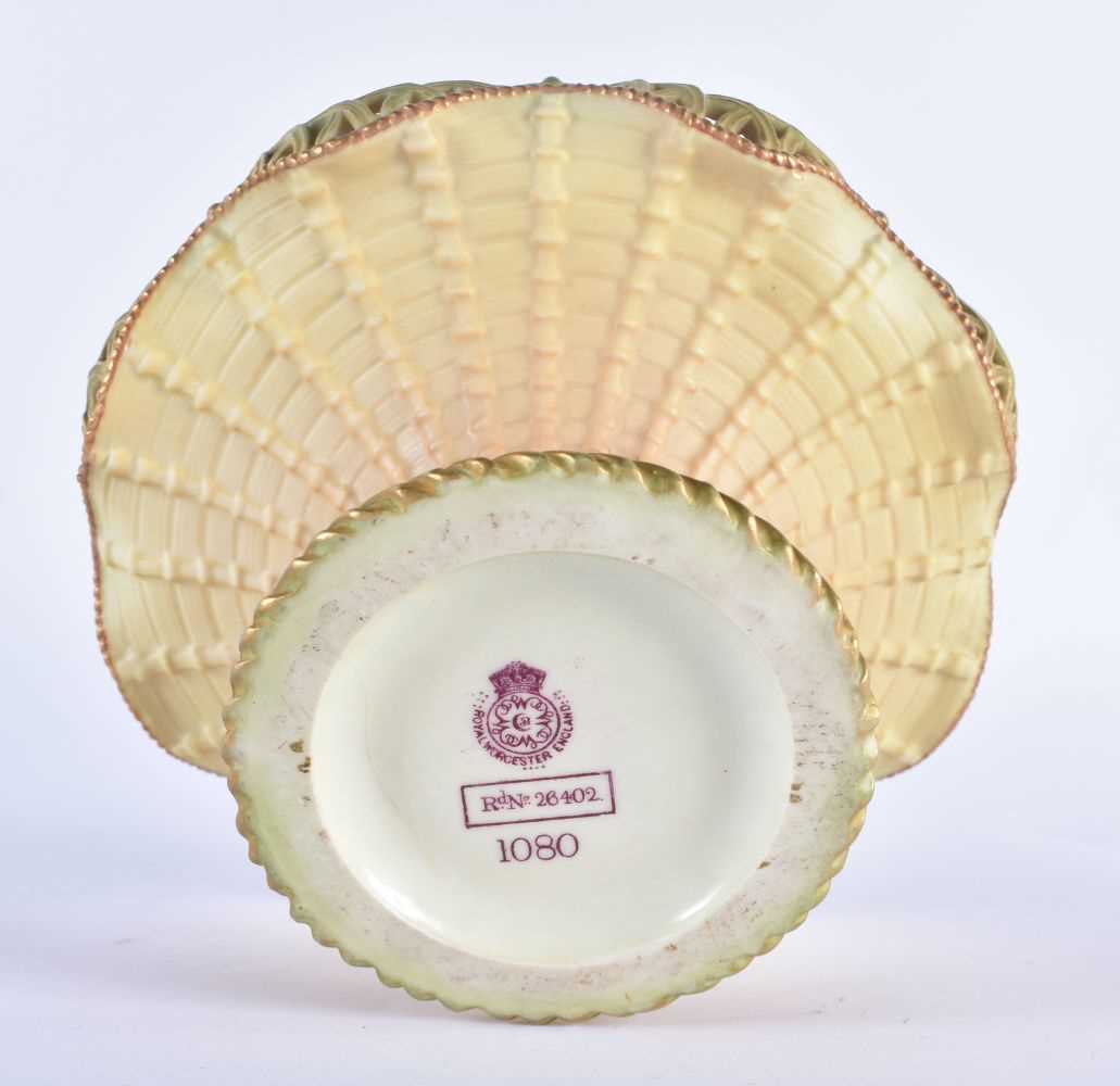 Royal Worcester blush ivory basket, with over handle, pierced wavy rim, spreading cylindrical - Image 3 of 3