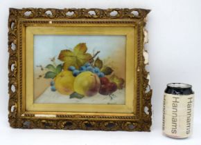 William Rayworth (c.1852–1908) Framed oil on porcelain still life study of fruit 16 x 21 cm.