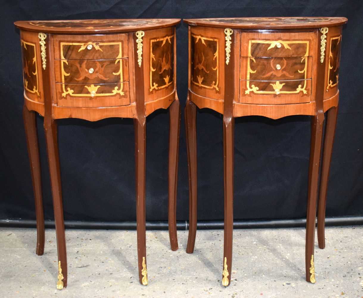 A pair of Baroque style inlaid half moon side 3 drawer tables 71 x 45 x 25cm (2) - Image 2 of 10