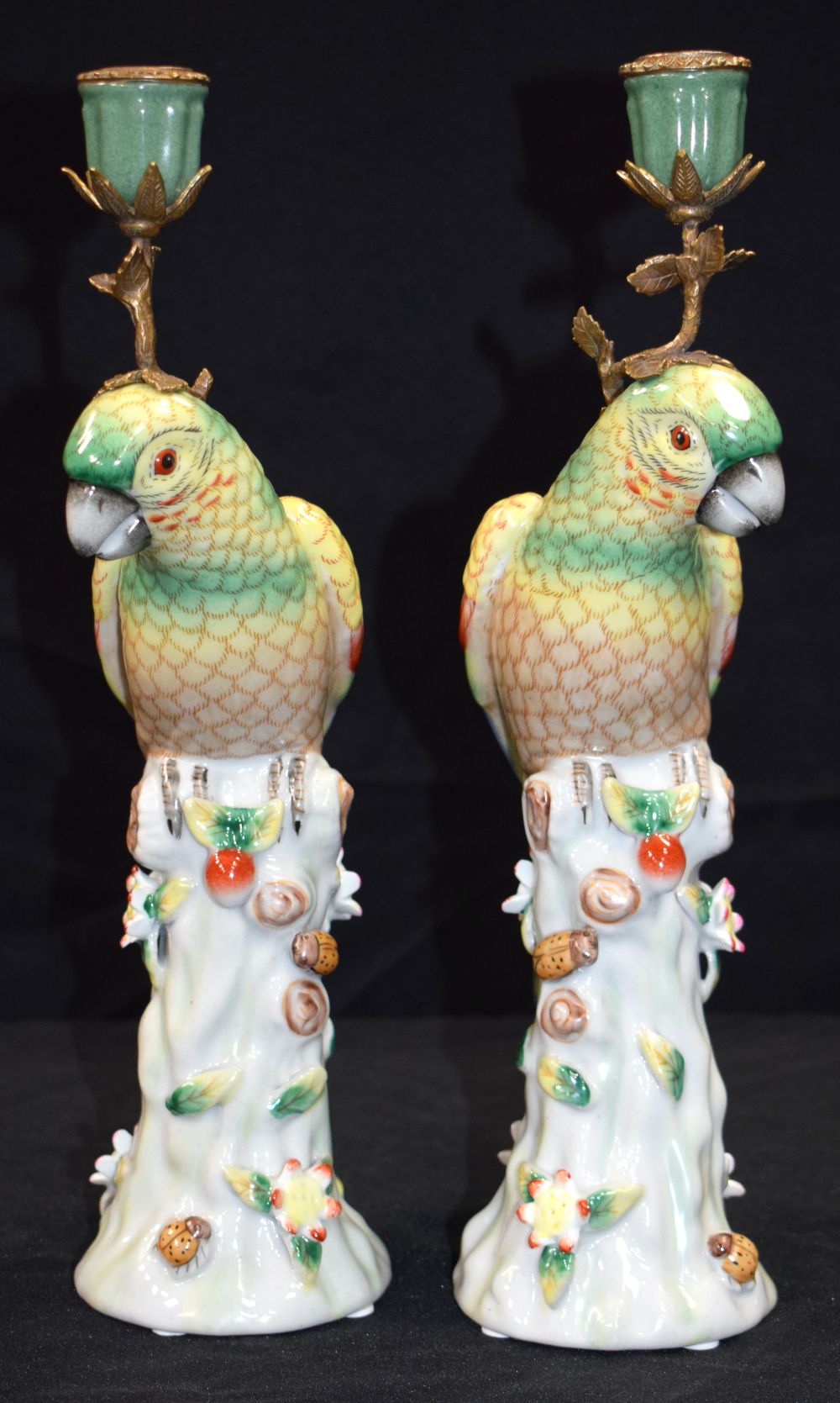 A pair of Ormolu mounted porcelain parrot candlesticks 36 cm (2) - Image 5 of 6