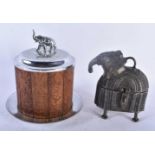 AN ANGLO INDIAN SILVER PLATED CARVED WOOD ELEPHANT BISCUIT BARREL AND COVER together with a bronze