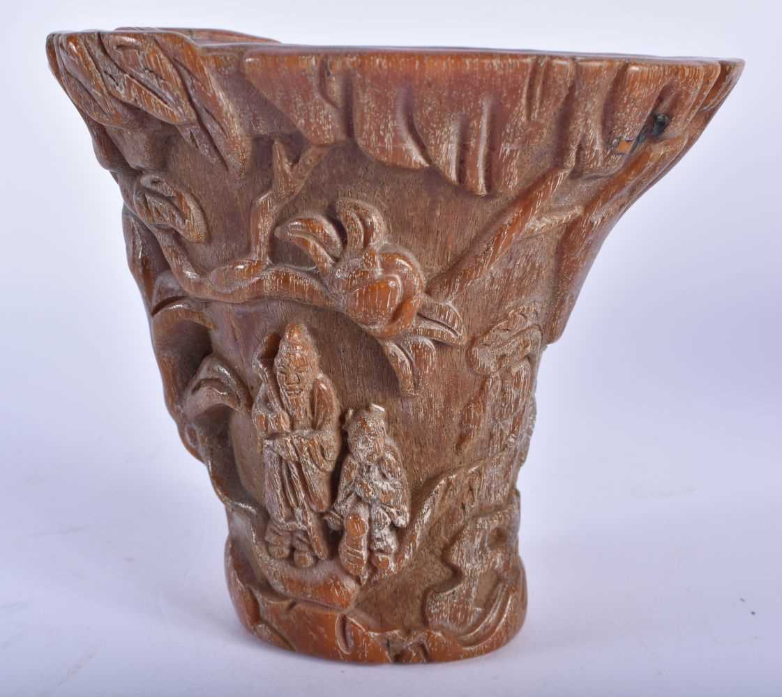 A CHINESE CARVED BUFFALO HORN TYPE LIBATION CUP 20th Century. 575 grams. 13 cm x 13 cm. - Image 3 of 6