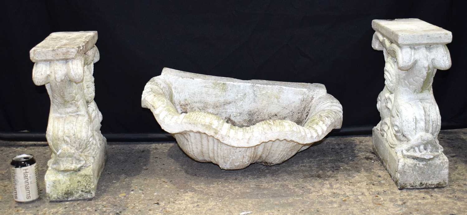 A pair of Italian Agostino Papini stone bench pillars together with a Conch shell water feature - Image 2 of 8