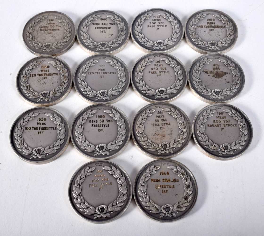 Fourteen Silver Swimming Medals. Stamped Sterling. 3.2 cm diameter, total weight 273.5g (14) - Image 3 of 4