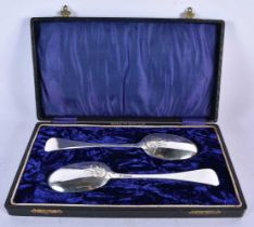 A Pair of Picture Back Spoons with Sailing Ship Motif in a fitted case by Thomas Bradbury & Sons.