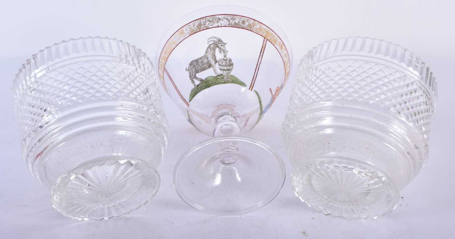 A PAIR OF GEORGE III CUT GLASS BOWLS together with an enamelled glass cup. Largest 13 cm x 9 cm. ( - Image 3 of 3