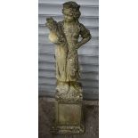 A Composite stone figure of a young girl holding a Wheatsheaf set on a plinth 115 x 28 cm cm