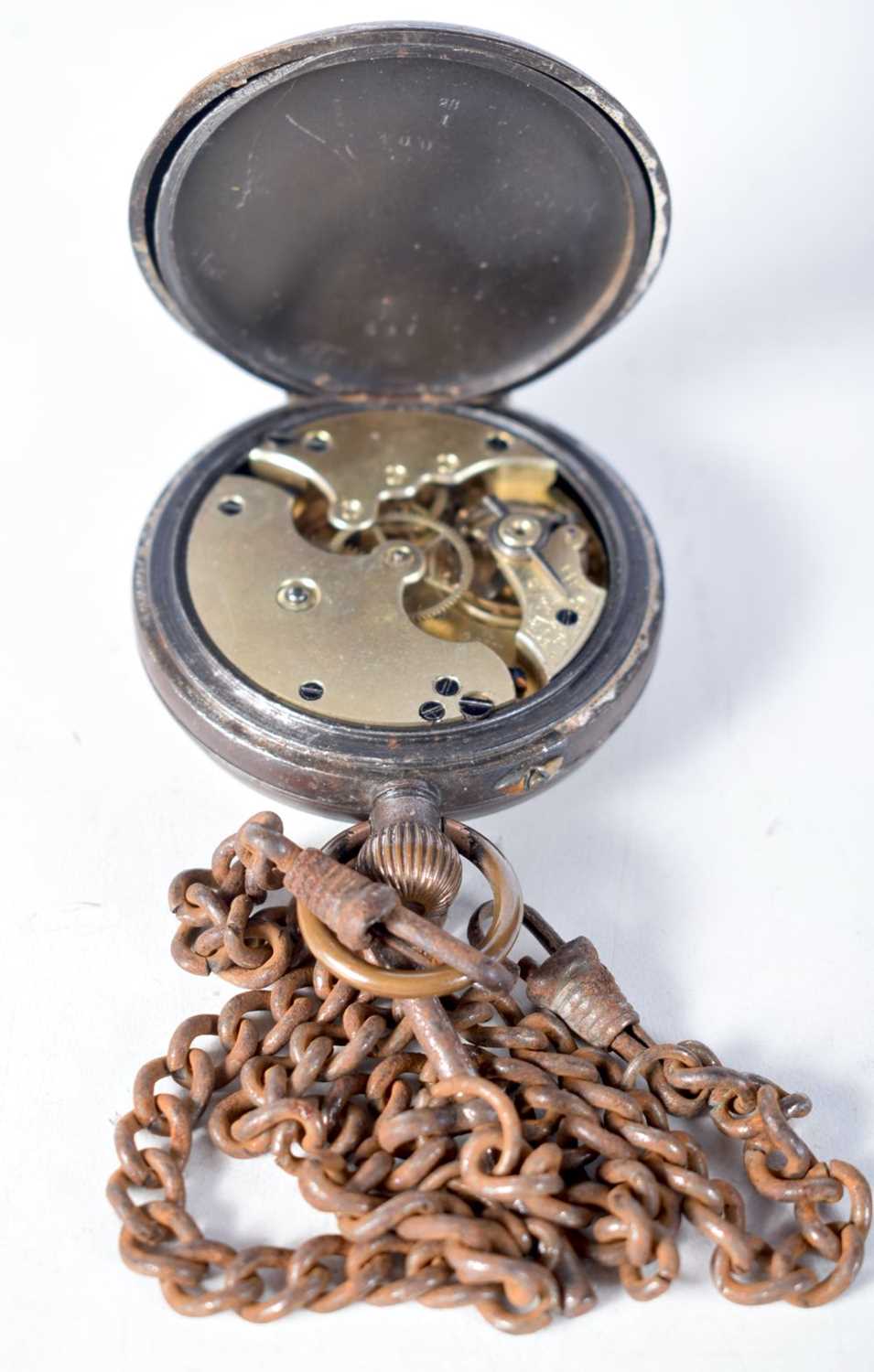 A Gun Metal Cased Pocket Watch with a Steel Chain. 4.9cm dial, not working - Image 3 of 3