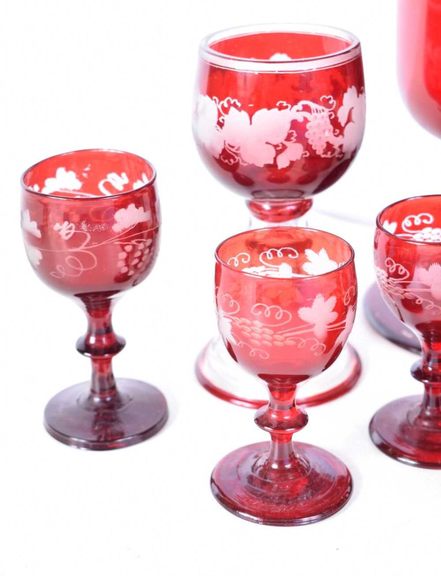 A collection of 1950's Bohemian Ruby wine glasses engraved with a Floral pattern together with a - Image 3 of 8