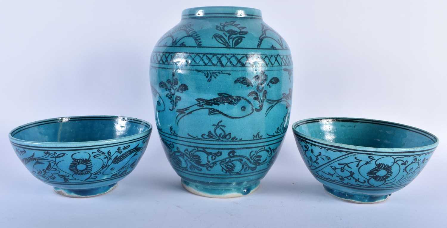 A PERSIAN SAFAVID TURQUOISE GLAZED POTTERY VASE together with a similar bowls. Largest 22 cm x 15