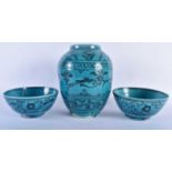 A PERSIAN SAFAVID TURQUOISE GLAZED POTTERY VASE together with a similar bowls. Largest 22 cm x 15