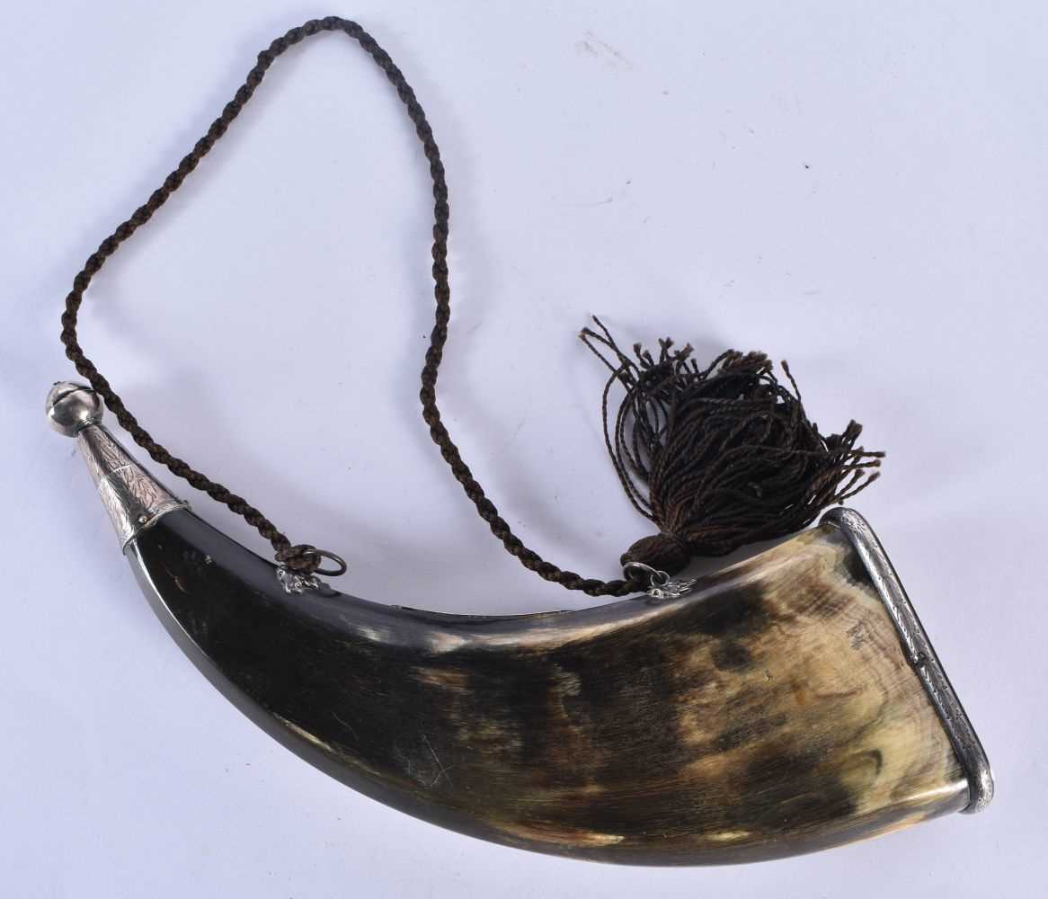 AN ANTIQUE SCOTTISH GEM INSET POWDER FLASK with probably silver mounts. Horn 28 cm x 14 cm. - Image 7 of 7