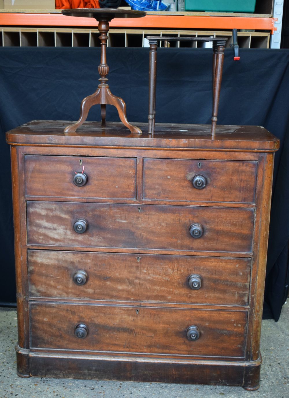 A late 19th Century Mahogany 5 Drawer chest together with two small leather top tables 112 x 112 x