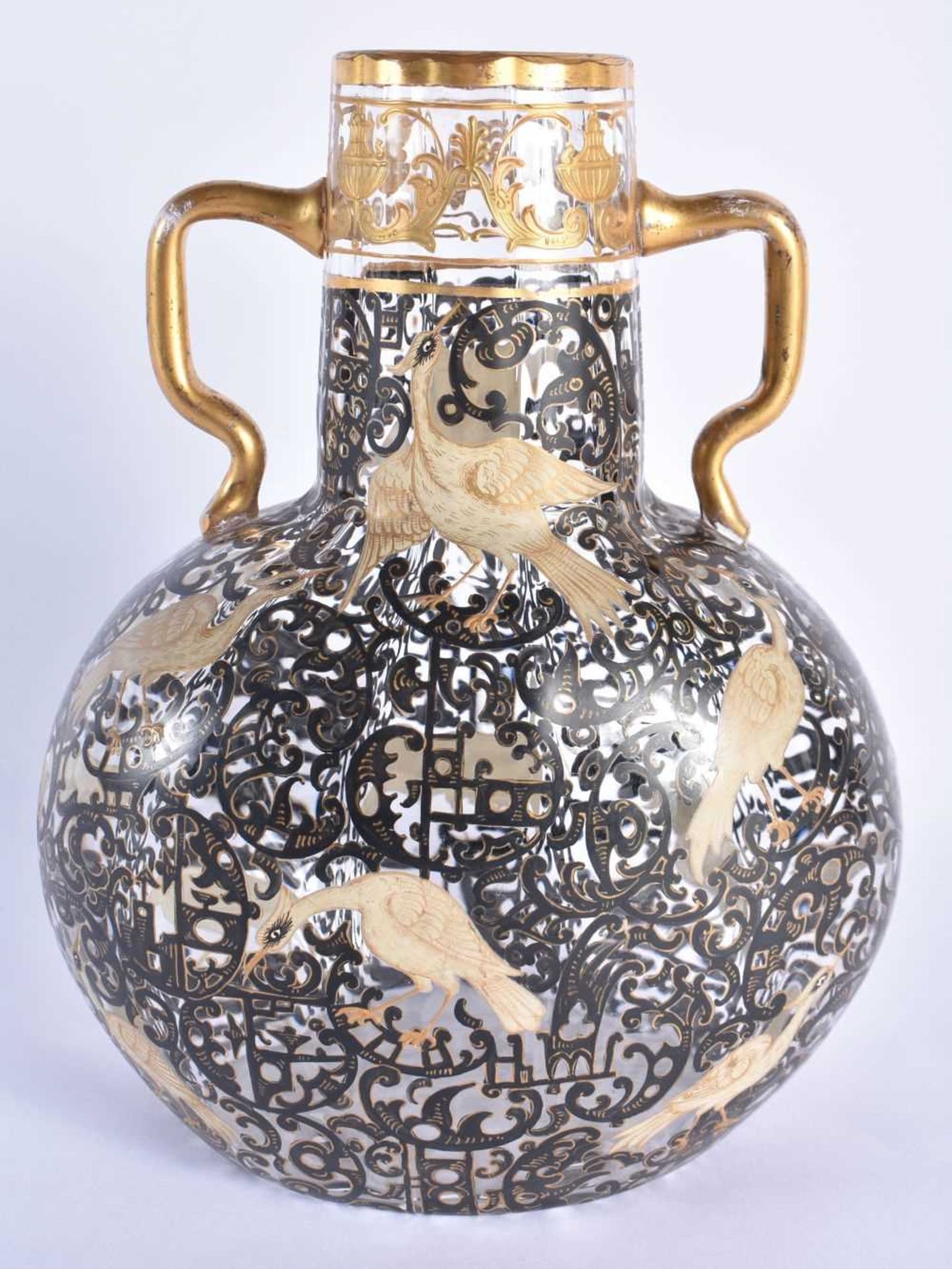 AN UNUSUAL ANTIQUE SECESSIONIST TYPE ENAMELLED AUSTRIAN GLASS VASE painted with birds amongst - Image 3 of 5