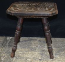An early Carved oak Welsh stool 32 x 31 cm .
