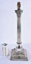 A LARGE 19TH CENTURY COUNTRY HOUSE SILVER PLATED CORINTHIAN COLUMN TABLE LAMP. 55 cm x 18cm.