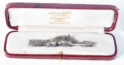 A Russian Silver Pig and Arrow Brooch set with Diamonds in a fitted leather case. Russian Marks. 7.3