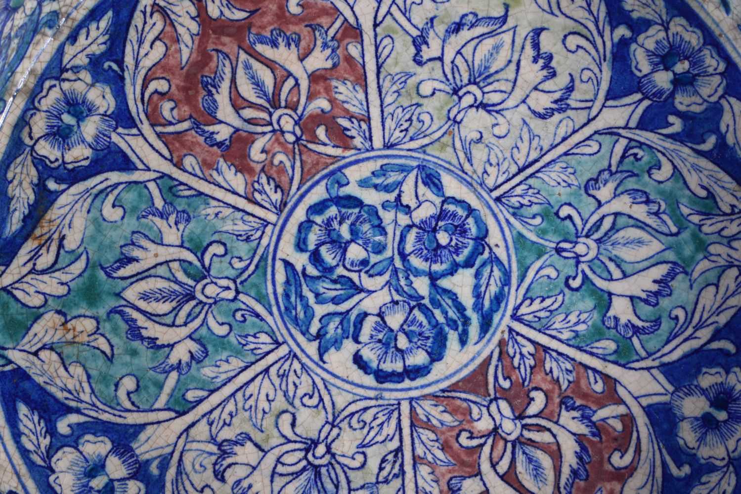 A RARE LARGE 19TH CENTURY MIDDLE EASTERN ISLAMIC IZNIK TYPE POTTERY BASIN painted with panels of - Image 2 of 5