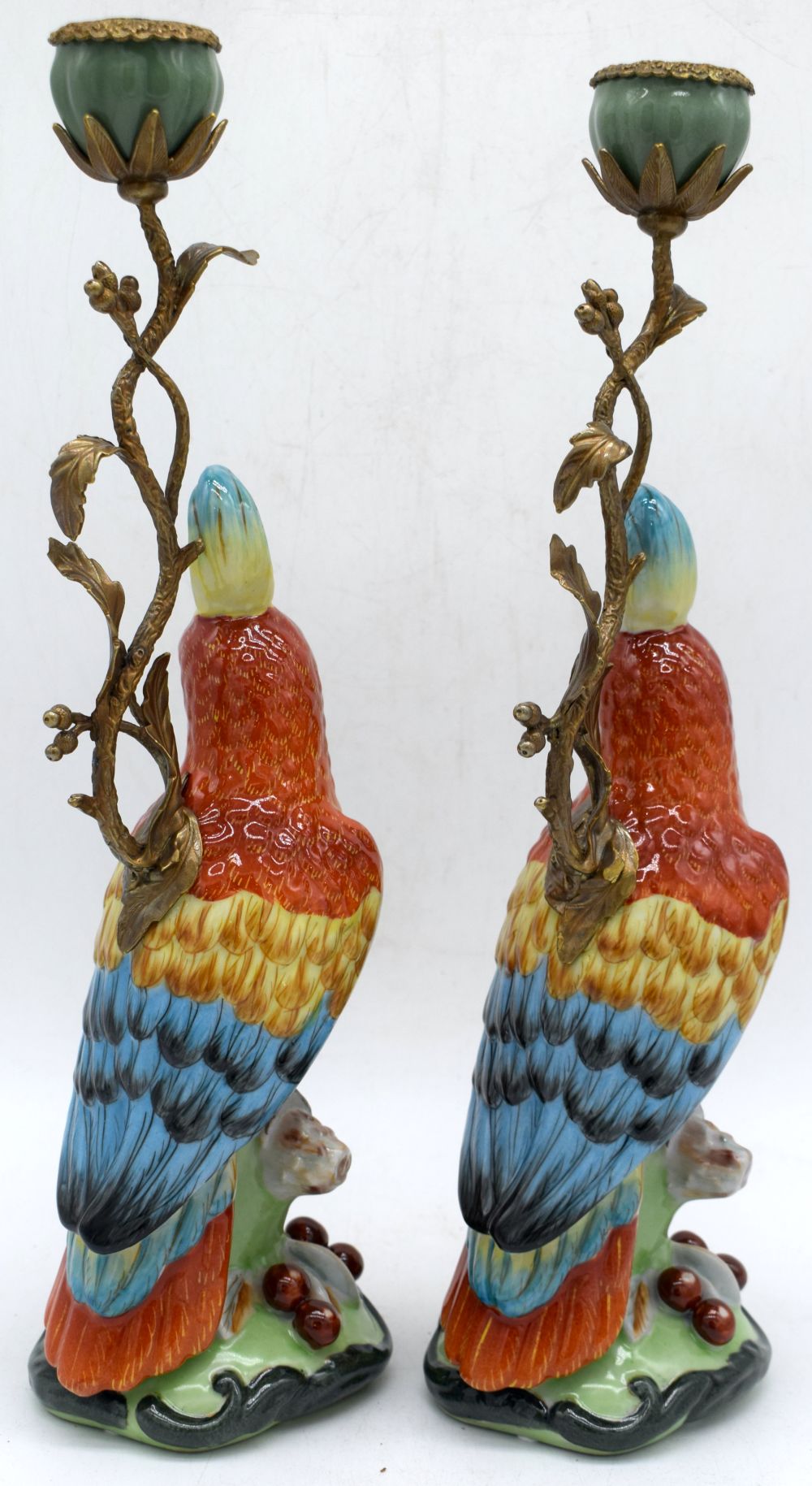 A pair of ormolu mounted porcelain parrot candle stick holder 39 cm (2) - Image 7 of 8