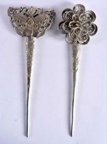 A PAIR OF EARLY 20TH CENTURY CHINESE WHITE METAL HAIR ORNAMENTS probably silver. 124 grams.