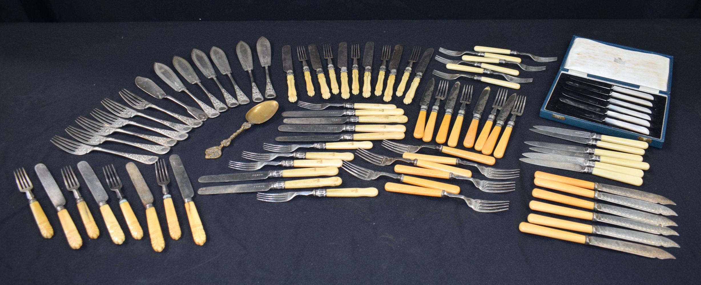 A cased set of Garrard & Co Mother of Pearl handled Fruit knives together with a collection of