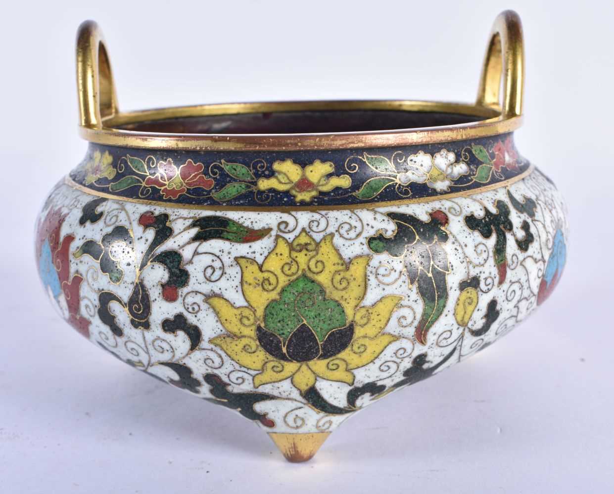 A FINE CHINESE TWIN HANDLED CLOISONNE ENAMEL CENSER probably 16th/17th century, decorated with