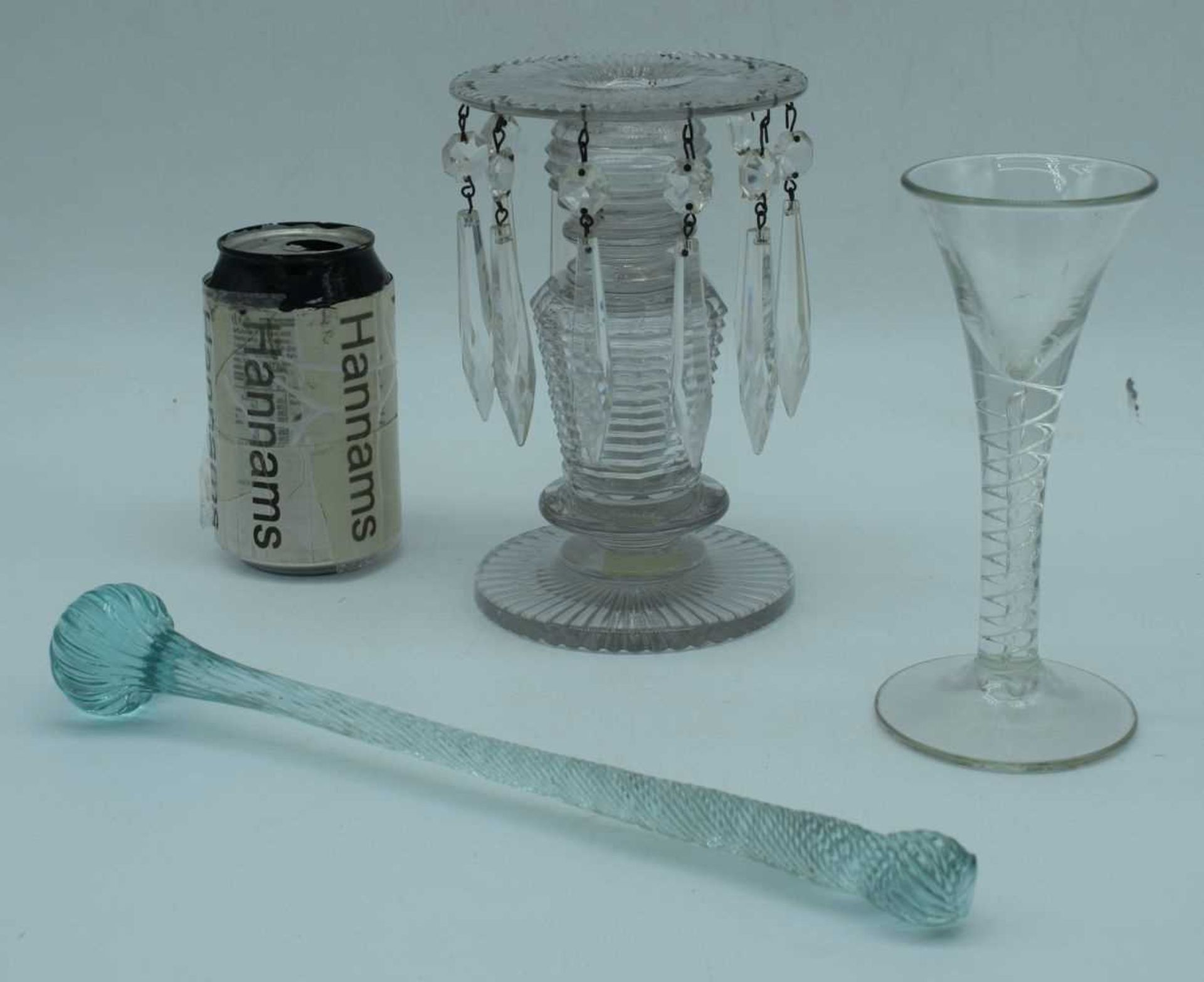 A Victorian glass lustre candle stick together with a Georgian air twist wine glass and a glass - Image 2 of 4