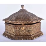 AN 18TH CENTURY ISLAMIC OTTOMAN INDIAN GOLD INLAID IRON BOX of octagonal form, decorated all over