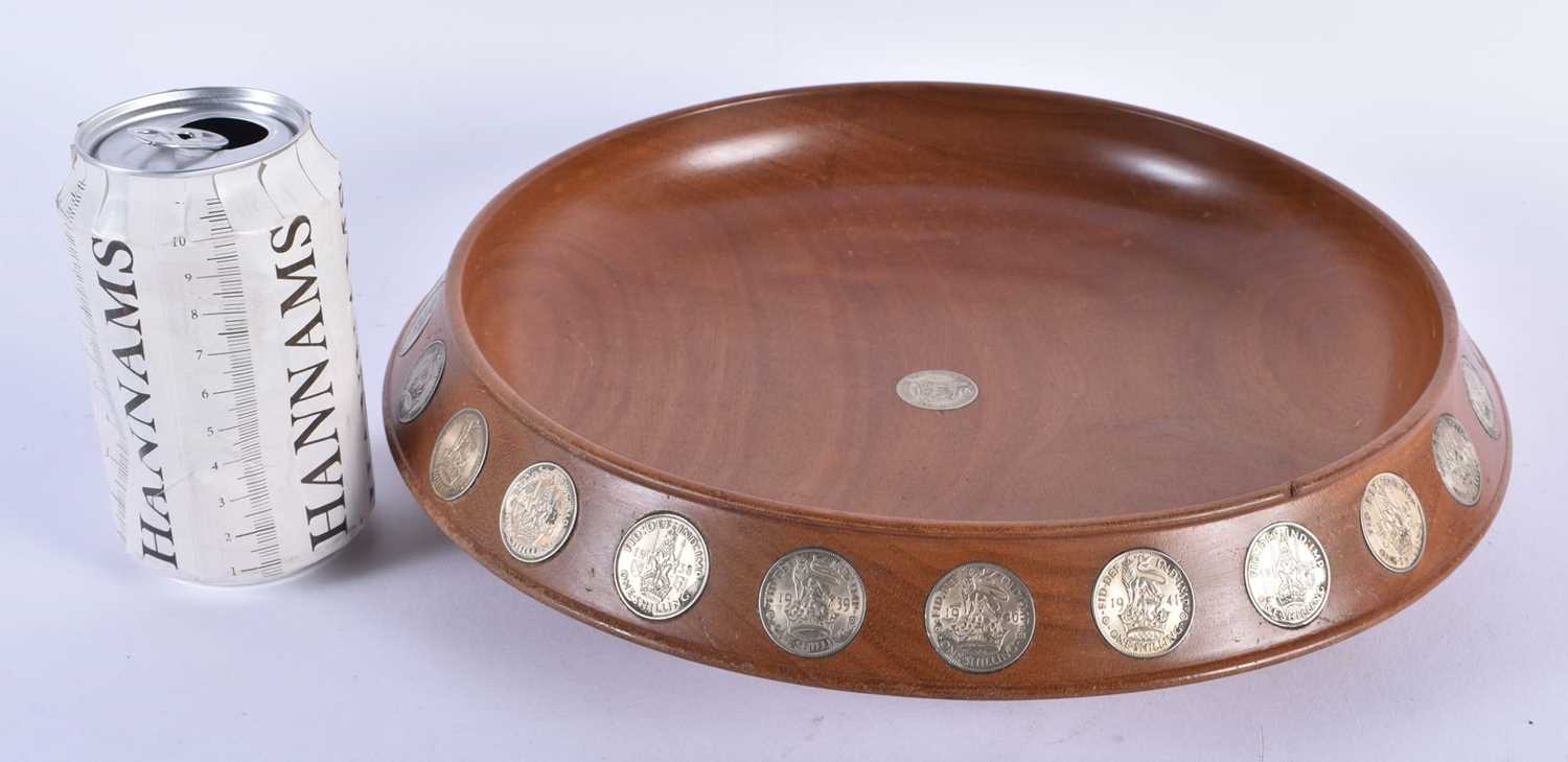 A SCOTTISH DUNDEE SILVER AND TURNED WOOD COIN BOWL. 30cm diameter. - Image 5 of 5