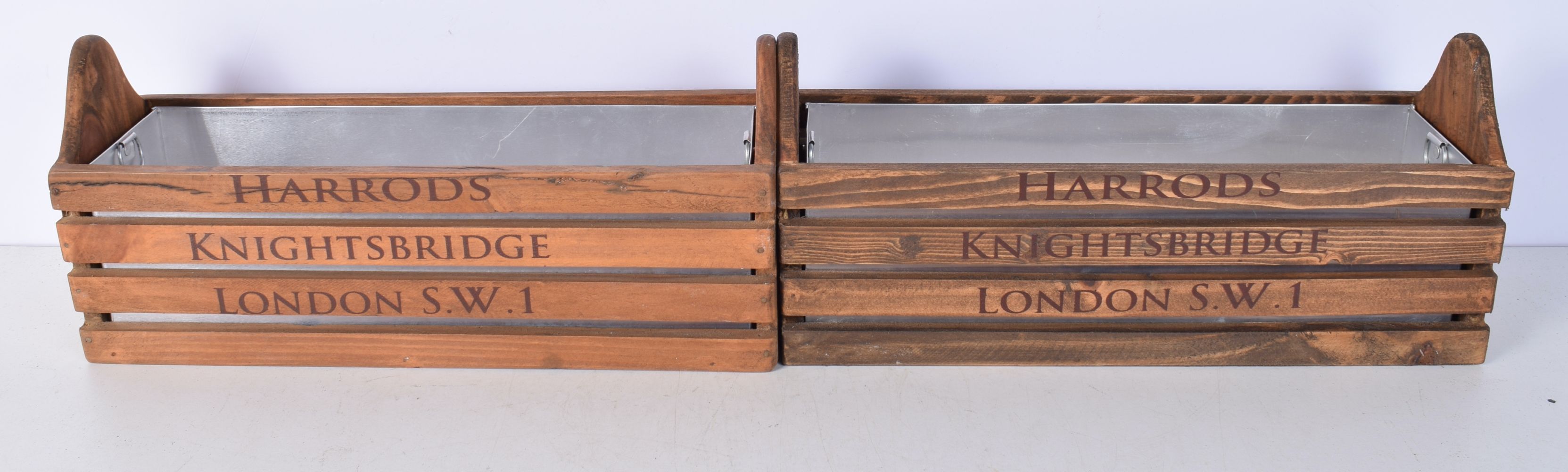 A pair of wooden planters with metal inserts 15 x 35 cm (2)