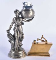A CHARMING ANTIQUE BRONZE ANVIL TABLE LIGHTER together with another figural table lighter. Largest