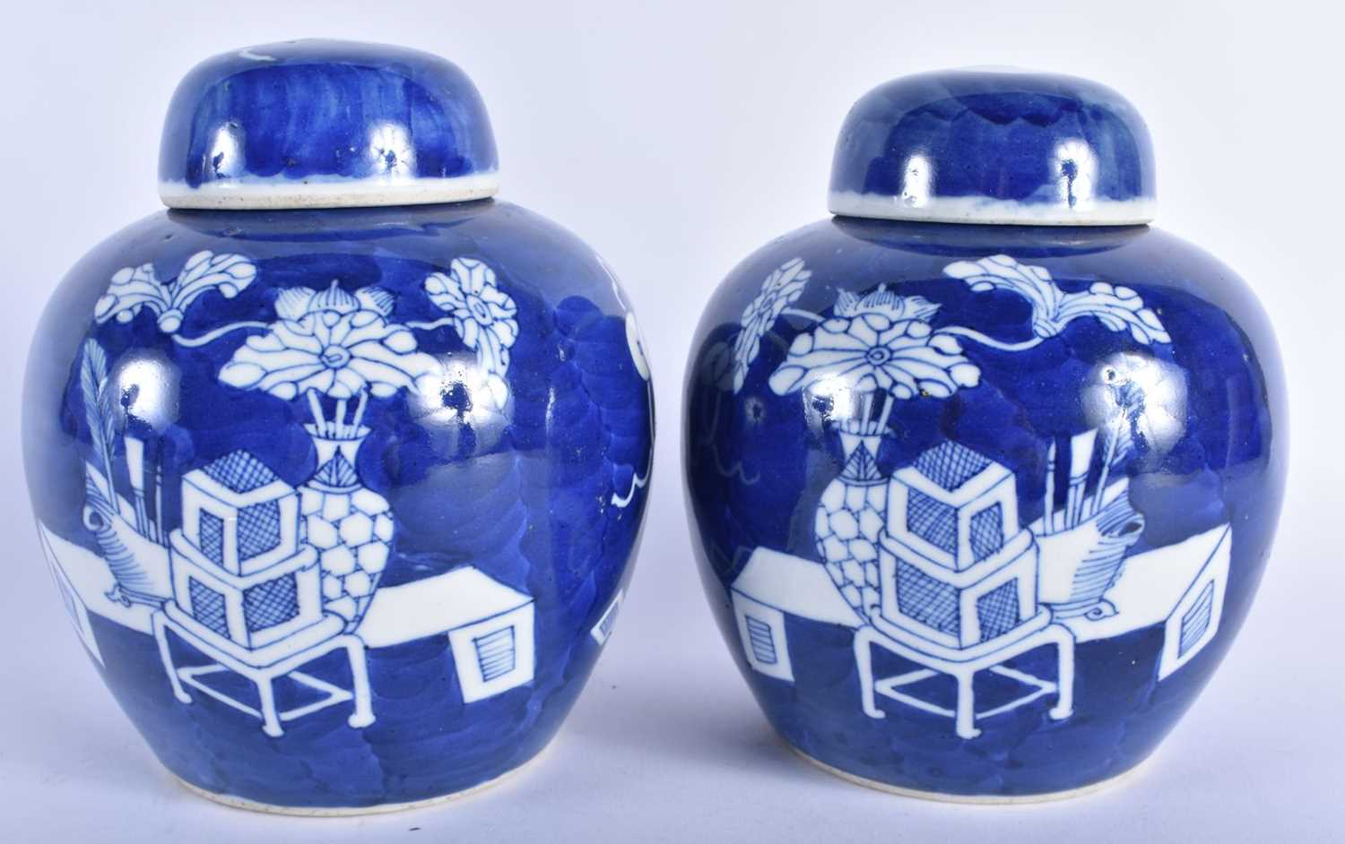 AN UNUSUAL PAIR OF 19TH CENTURY CHINESE BLUE AND WHITE PORCELAIN GINGER JARS AND COVERS Kangxi - Image 3 of 5