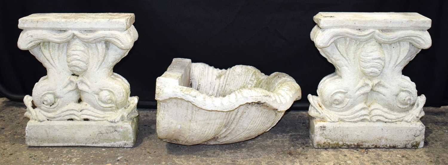 A pair of Italian Agostino Papini stone bench pillars together with a Conch shell water feature - Image 3 of 8