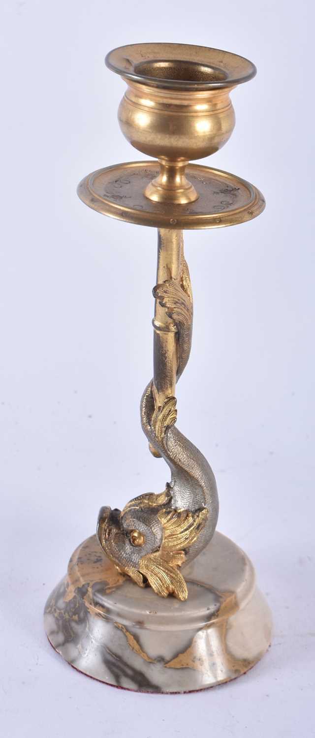 A PAIR OF REGENCY COUNTRY HOUSE SILVERED BRONZE CANDLESTICKS formed as fish. 18cm high. - Image 4 of 5