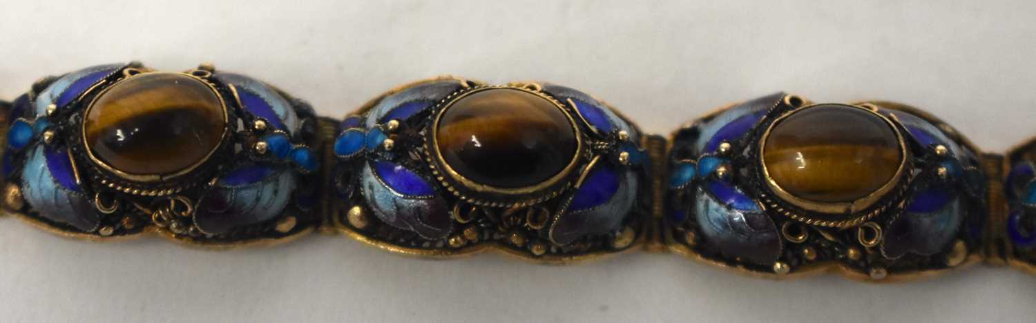 A LATE 19TH CENTURY CHINESE SILVER GILT ENAMEL AND TIGERS EYE BRACELET. 29 grams. 18cm long. - Image 5 of 15