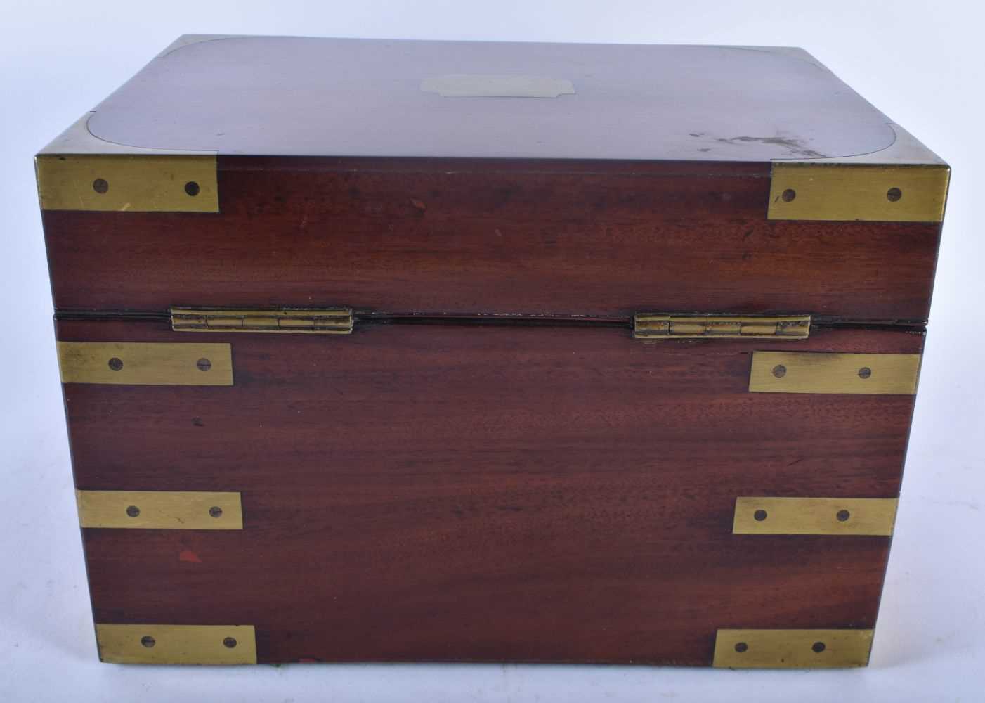 A RARE LARGE 19TH CENTURY MAHOGANY BRASS BOUND CAMPAIGN JEWELLERY BOX with fully fitted interior. 28 - Image 4 of 4