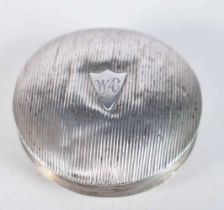 A Silver Snuff Box with Engine Turned Decoration.and Engraved Cartouche. Stamped with indistinct