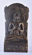 A 19TH CENTURY INDIAN BRONZE BUDDHA SHRINE FIGURE modelled seated with hands raised, upon a base