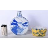 A Chinese porcelain blue and white Moon flask together with a Chinese bowl 25 cmk (2)