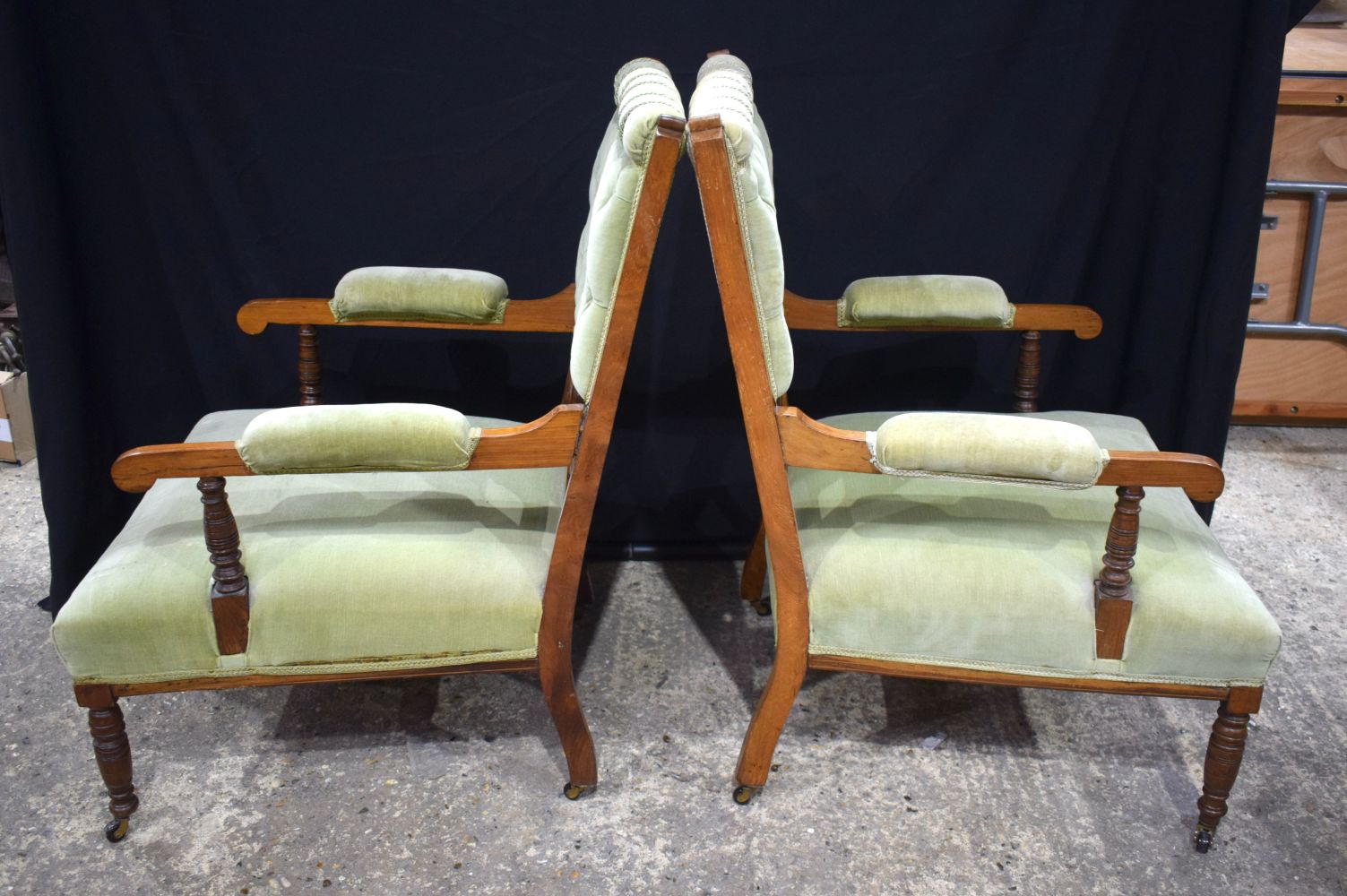 A collection of Edwardian wooden framed Upholstered armchairs with wood inlay to back (4). - Image 10 of 13