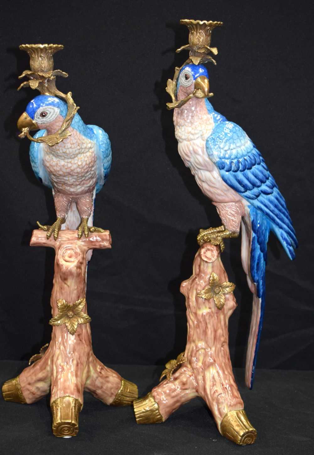 A large pair of Ormolu mounted porcelain parrot candlesticks 48 cm (2) - Image 3 of 6