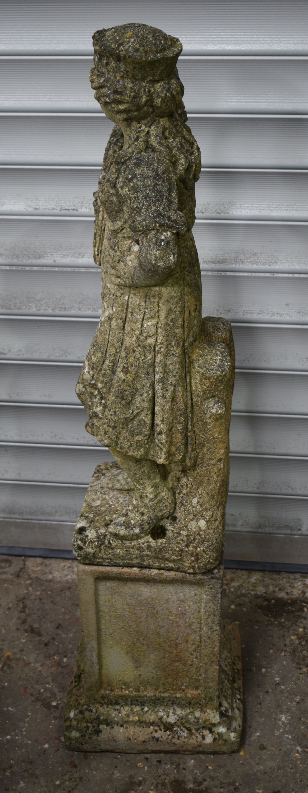 A Composite stone figure of a young girl holding a Wheatsheaf set on a plinth 115 x 28 cm cm - Image 5 of 6