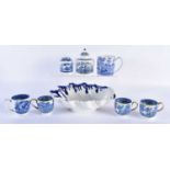 18th century large pearlware shell shaped dish with dripped blue border, two tea canisters, one with